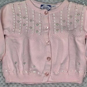 Carriage Boutique Knit Sweater Infant 6 Months Pink Button Down Roses Ribbon